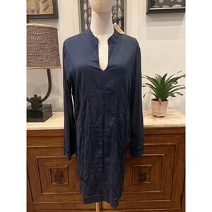 Womens Lucky Brand Long Flare Sleeve Shirt V Neck 100% Cotton Blue Embroidered L